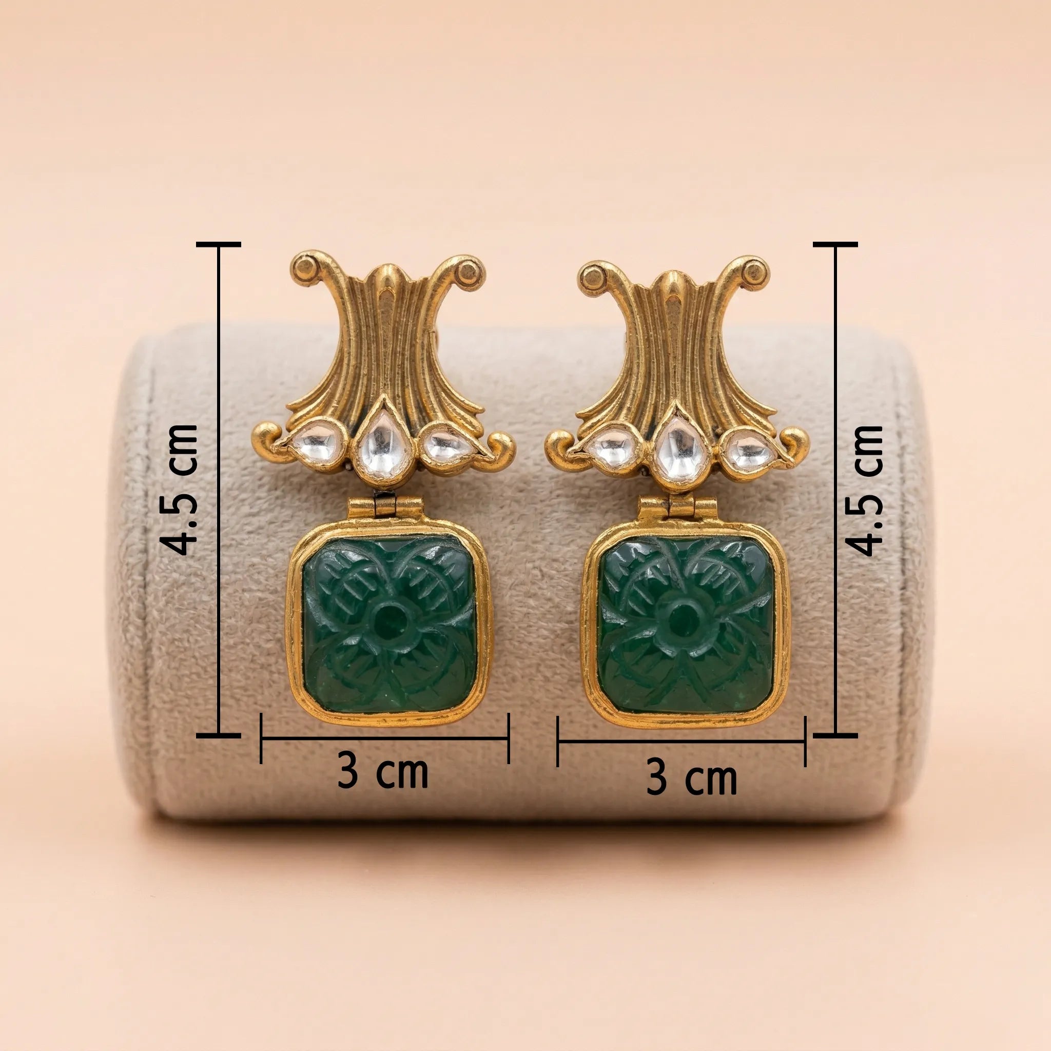 92.5 Silver Gold-Plated Carved Green Stone Drop Dangler Ivanah Silver
