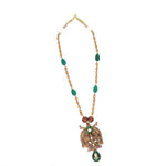 92.5 Silver Gold Plated Antique Twin Peacock Necklace with Green Beads Ivanah Silver