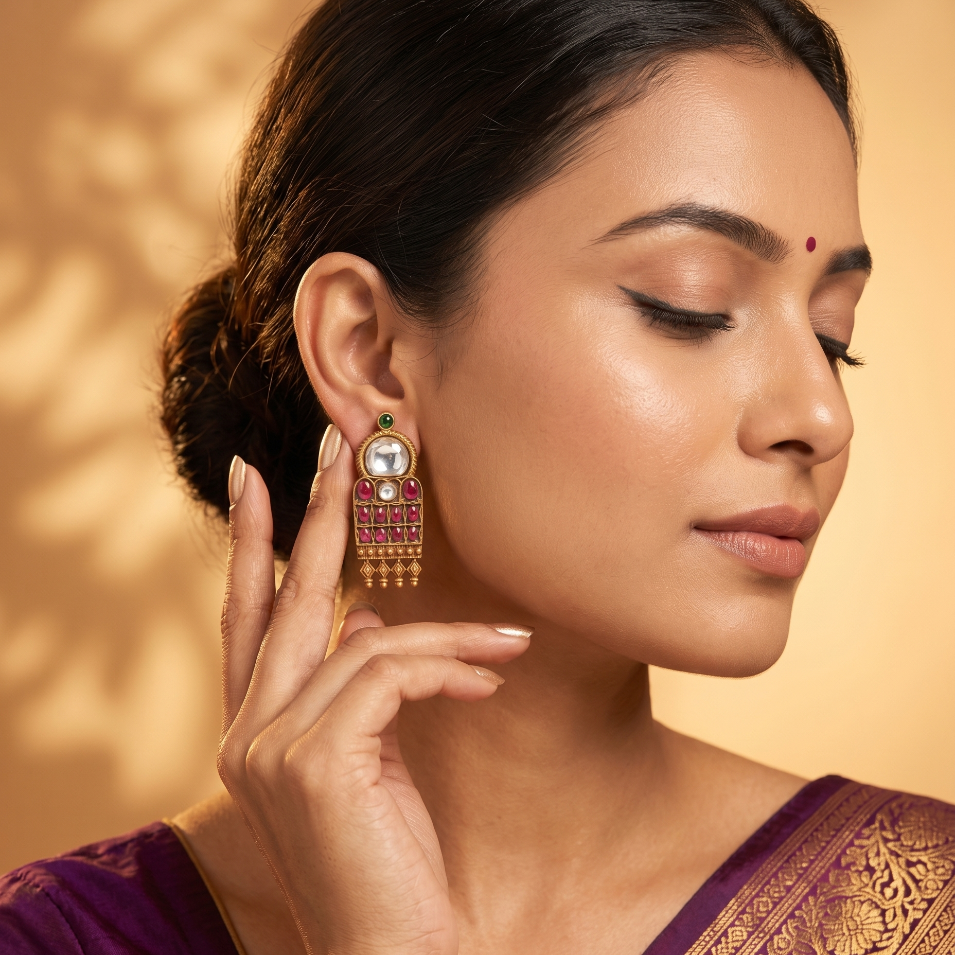 Antique Gold Kundan & Ruby Statement Earrings Ivanah Silver