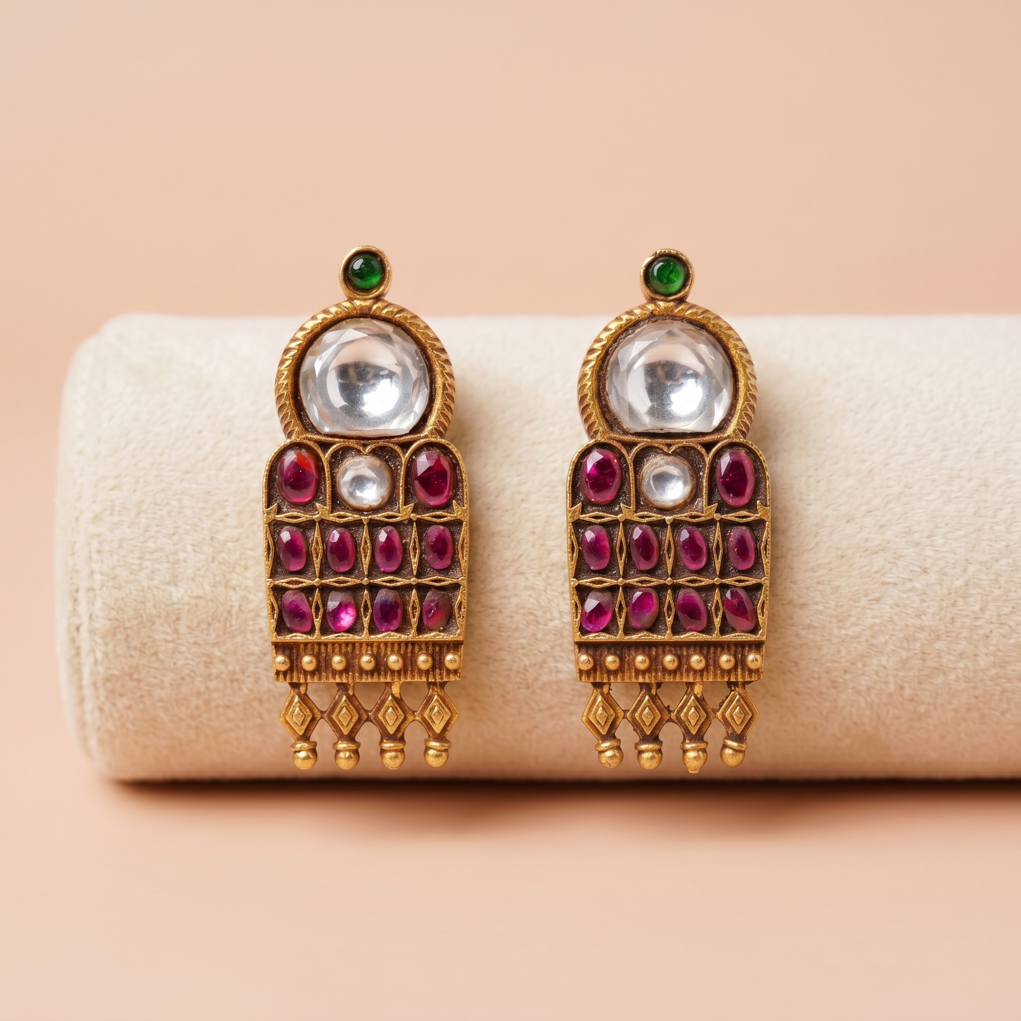 Antique Gold Kundan & Ruby Statement Earrings Ivanah Silver