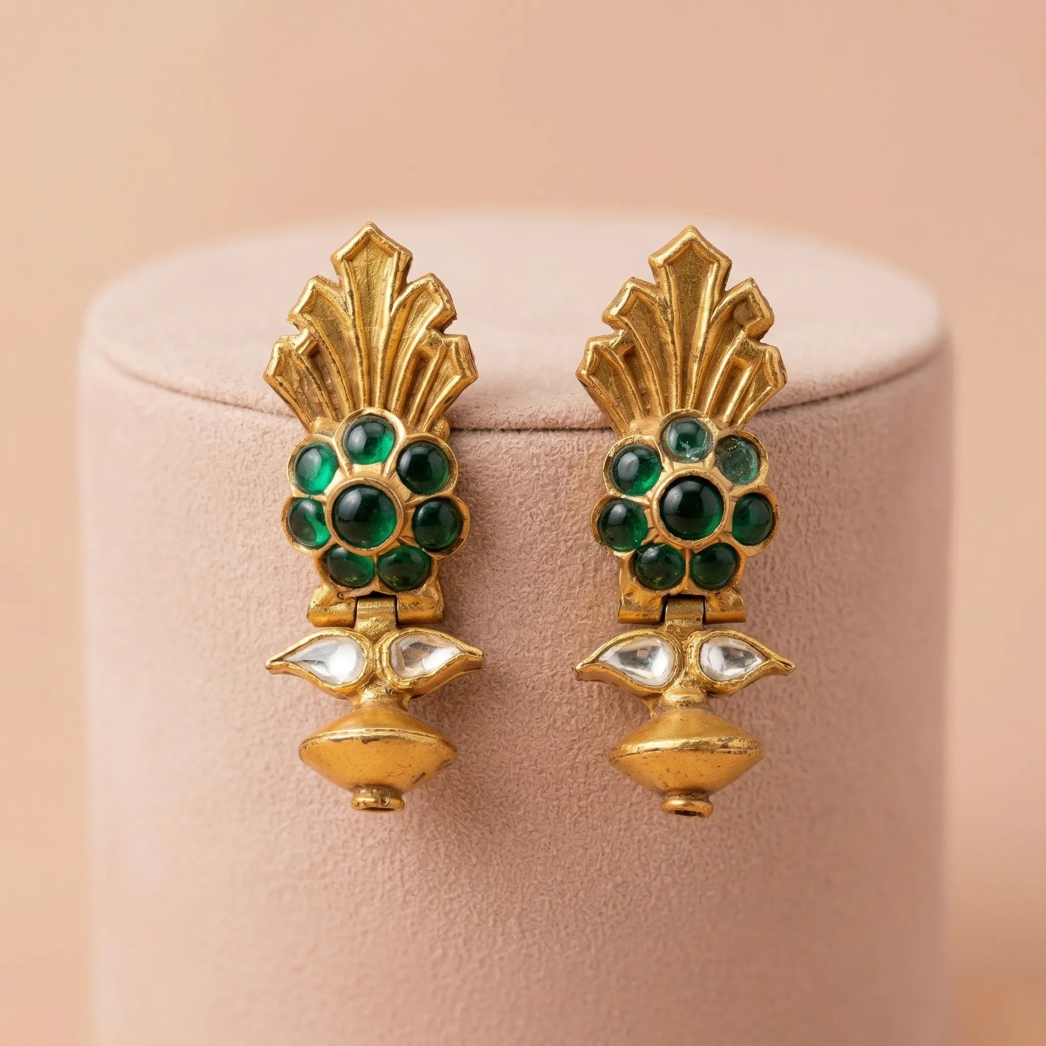 92.5 Gold-Plated Antique Silver Floral Emerald Drop Earring Ivanah Silver