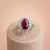 Oval Red Gemstone Ring with Clear Stone Halo Ivanah Silver