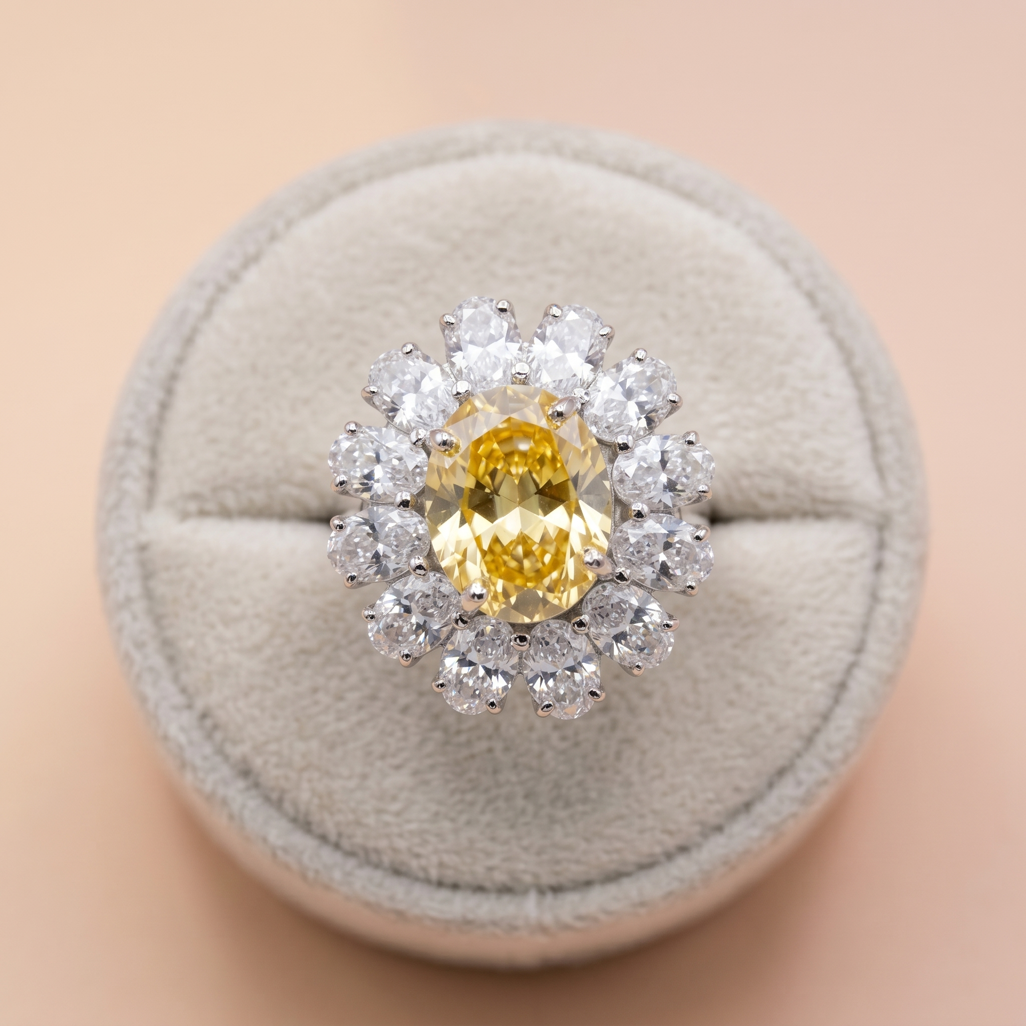 Canary Yellow Oval Gemstone Sunflower Halo Ring Ivanah Silver