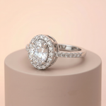 Oval Brilliant Halo Solitaire Ring with Pavé Band Ivanah Silver