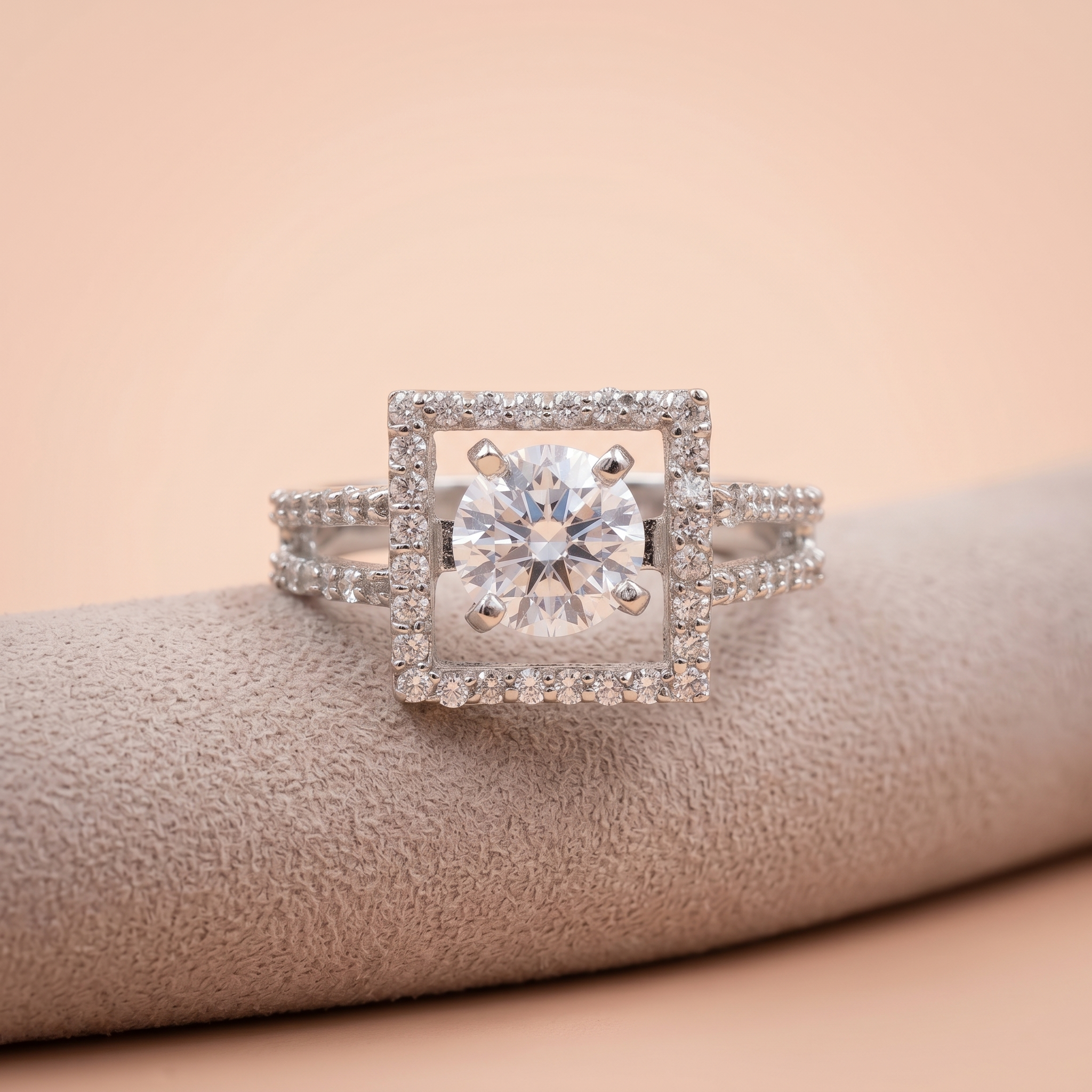 Floating Round Solitaire Ring with Geometric Square Micro-Pavé Halo & Split Shank Ivanah Silver