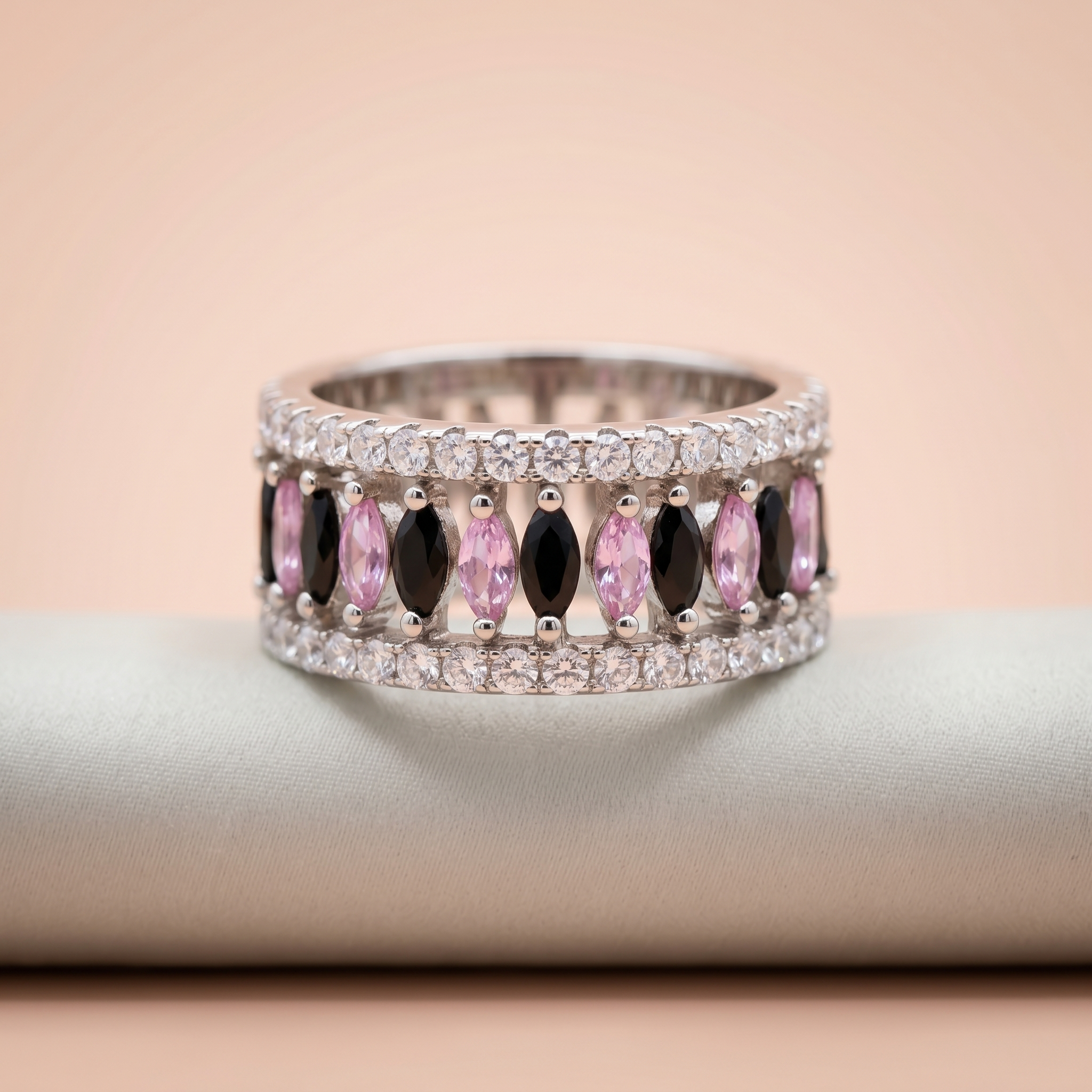 Elegant Pink & Black Marquise Eternity Ring Ivanah Silver