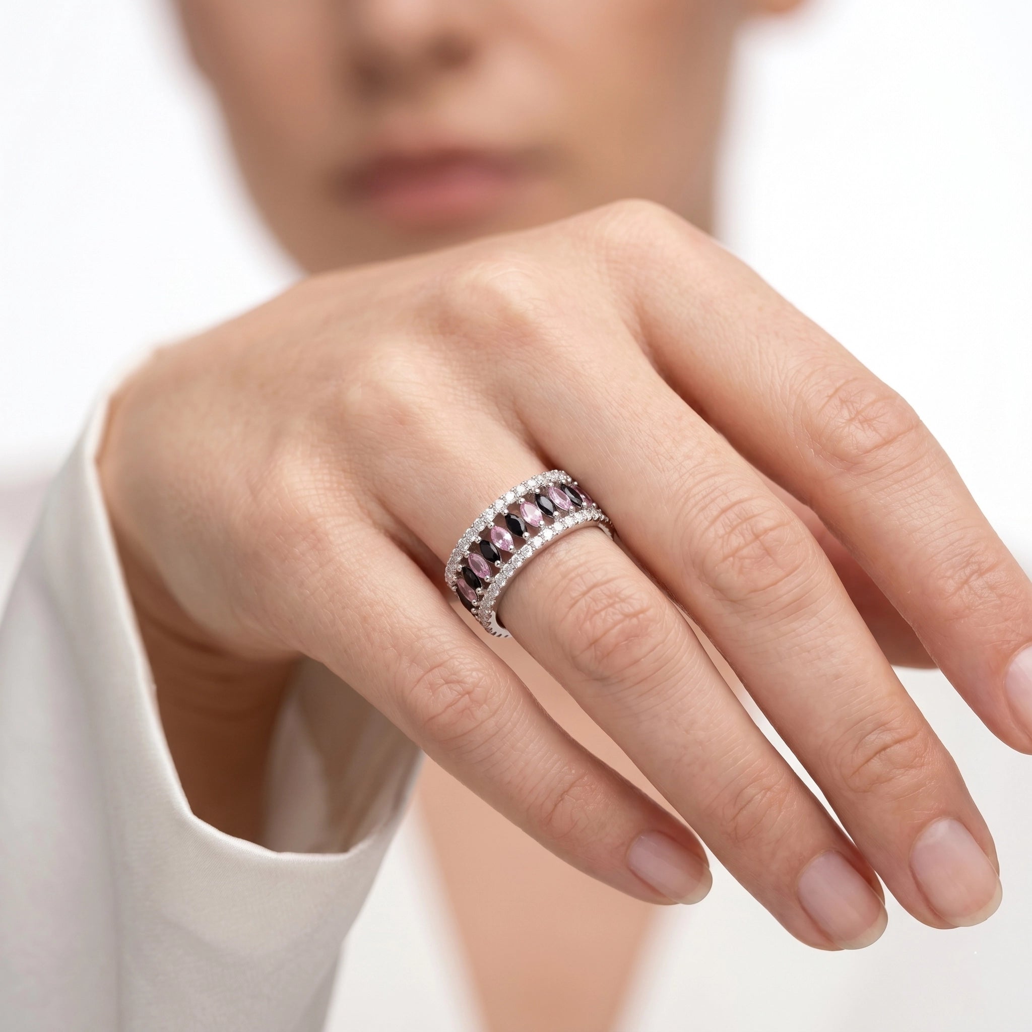 92.5 Silver Pink & Black Marquise Ring Ivanah Silver