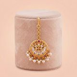 Antique Gold Circular CZ Floral Maang Tikka with Pearl Clusters Ivanah Silver