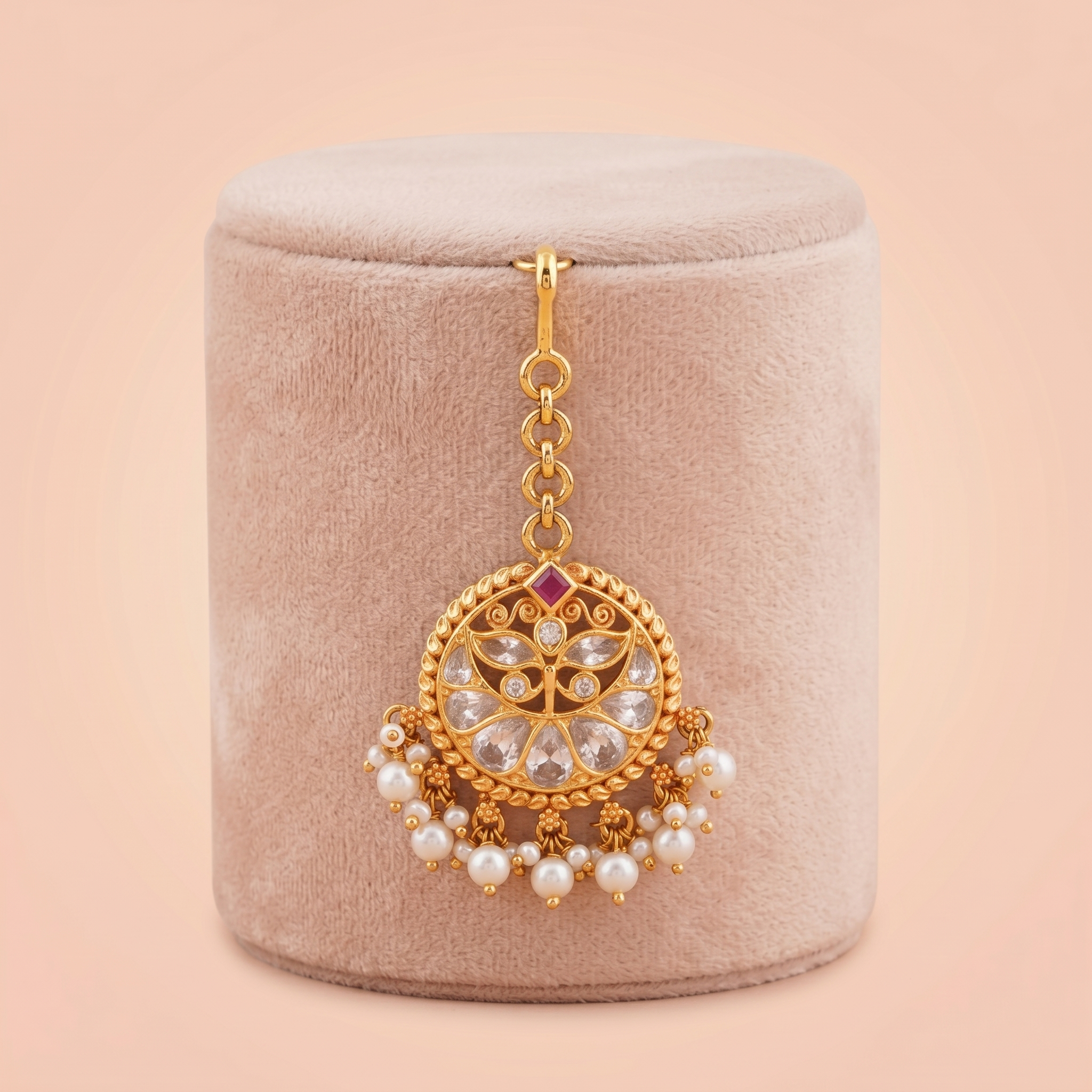 Antique Gold Circular CZ Floral Maang Tikka with Pearl Clusters Ivanah Silver