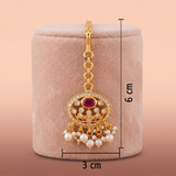 Antique Gold Oval Floral Maang Tikka with Ruby Red Center Stone Ivanah Silver