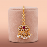 Antique Gold Oval Floral Maang Tikka with Ruby Red Center Stone Ivanah Silver