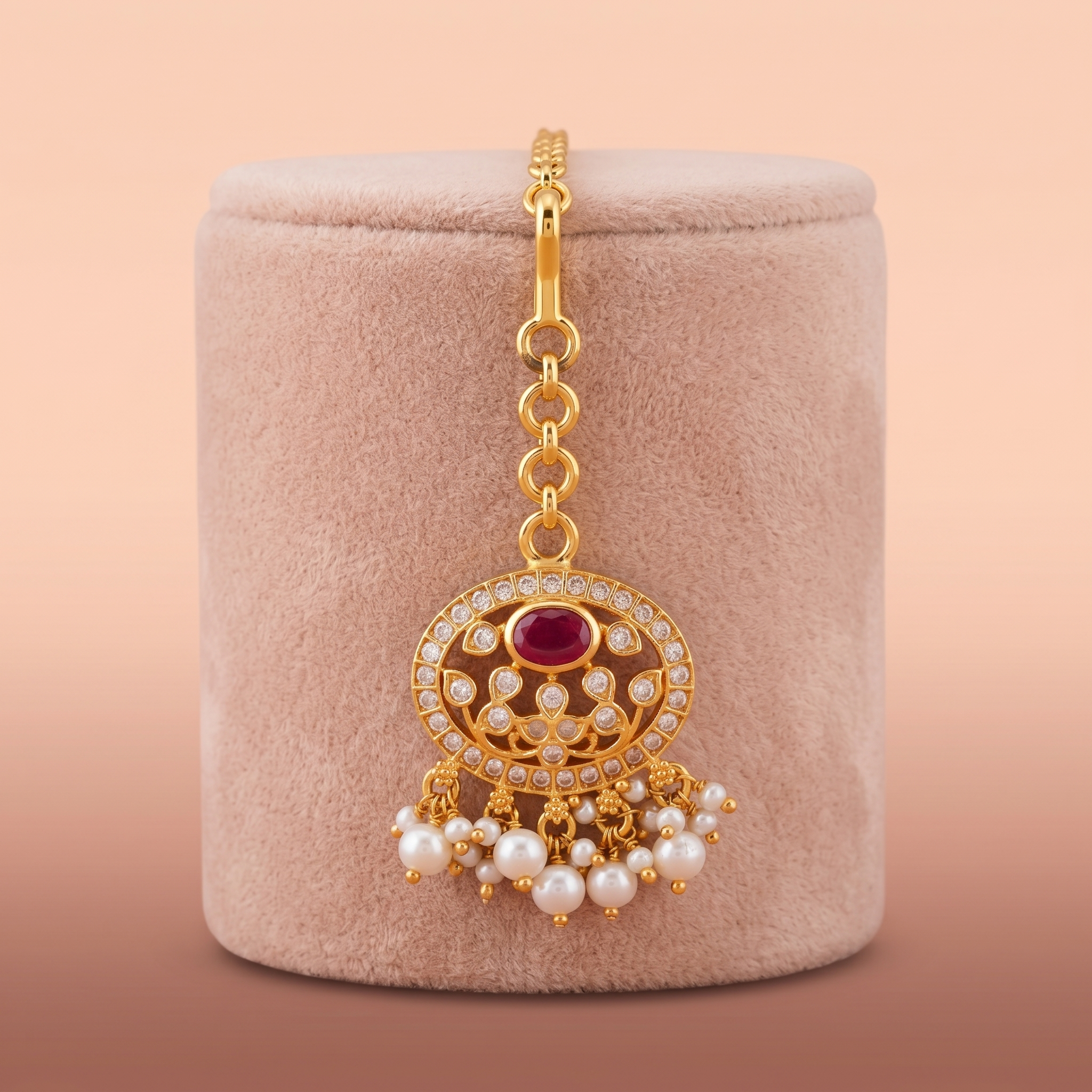 Antique Gold Oval Floral Maang Tikka with Ruby Red Center Stone Ivanah Silver