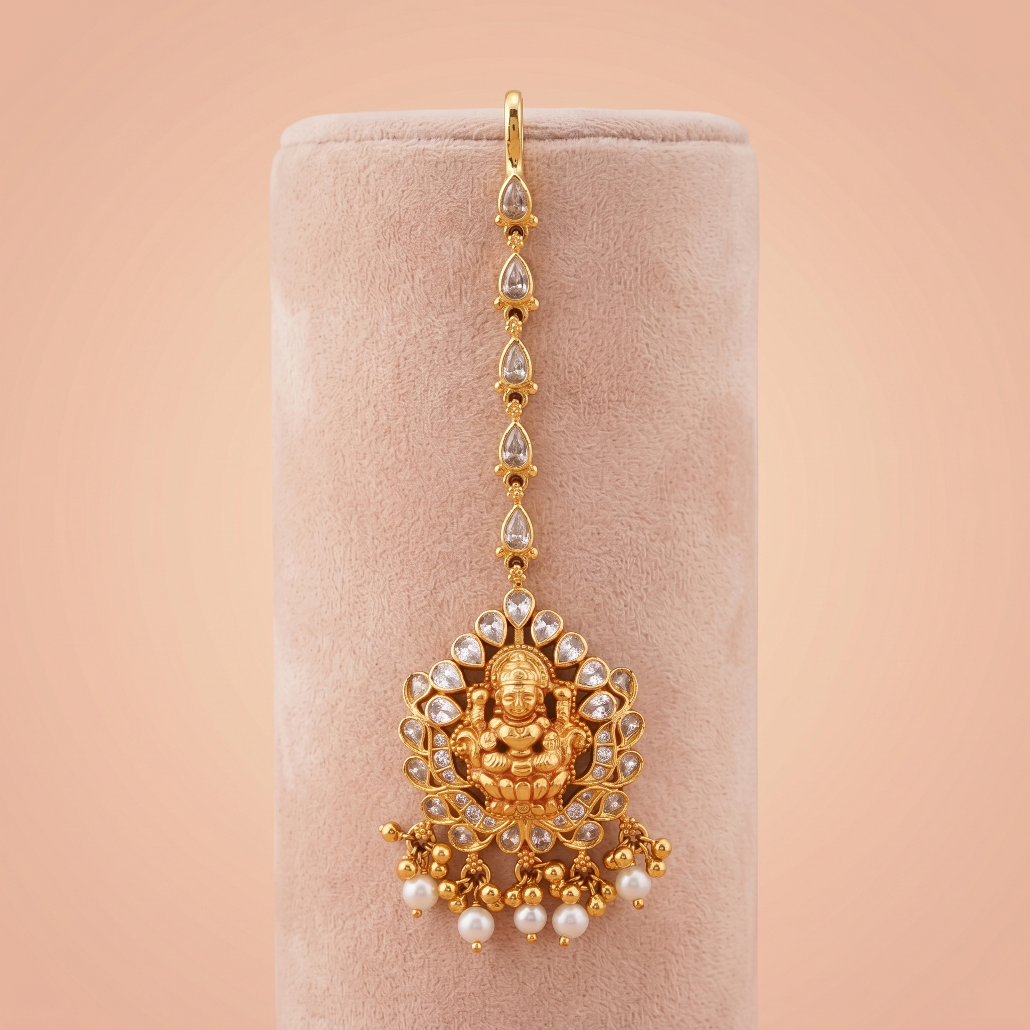 Antique Gold Goddess Lakshmi Temple Maang Tikka with Pearls Ivanah Silver