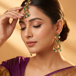 Antique Gold Peacock Step Maang Tikka with Emerald Green Stones & Pearls Ivanah Silver