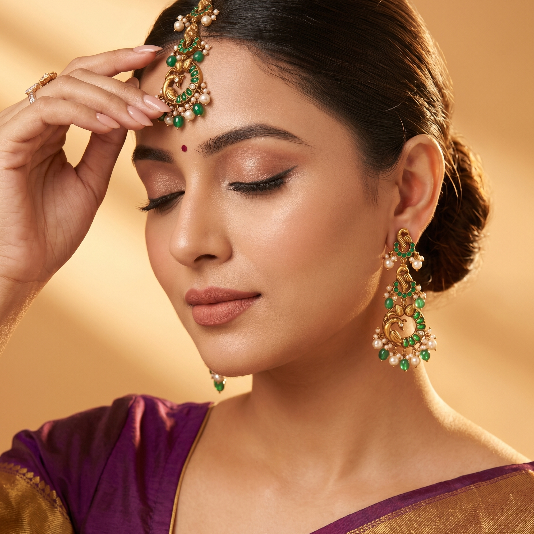 Antique Gold Peacock Step Maang Tikka with Emerald Green Stones & Pearls Ivanah Silver