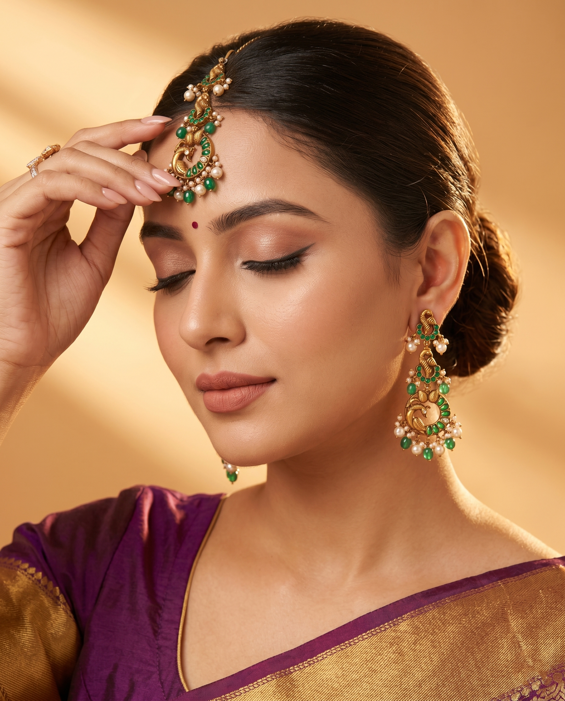 Antique Gold Peacock Step Maang Tikka with Emerald Green Stones & Pearls Ivanah Silver