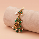 Antique Gold Peacock Step Maang Tikka with Emerald Green Stones & Pearls Ivanah Silver