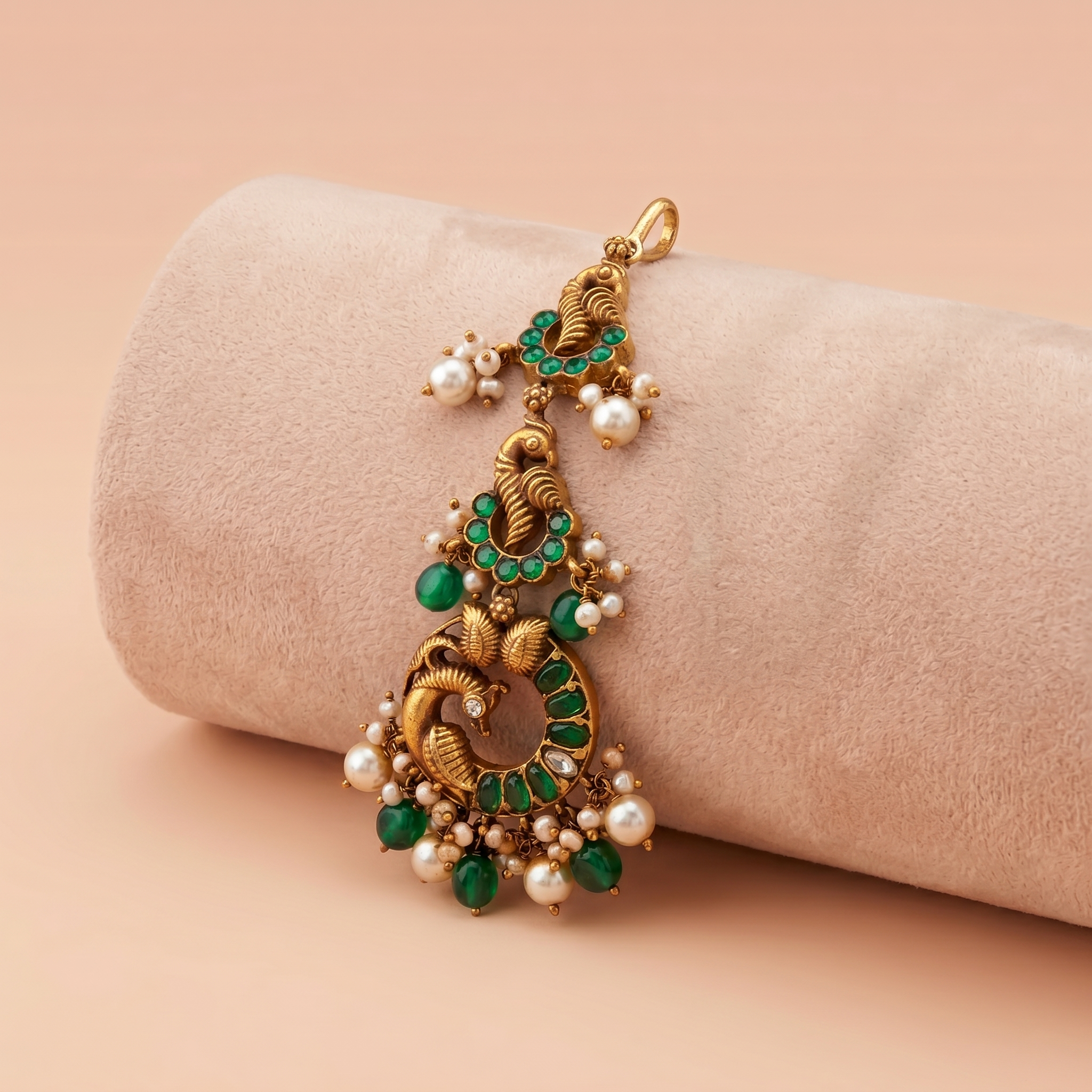 Antique Gold Peacock Step Maang Tikka with Emerald Green Stones & Pearls Ivanah Silver