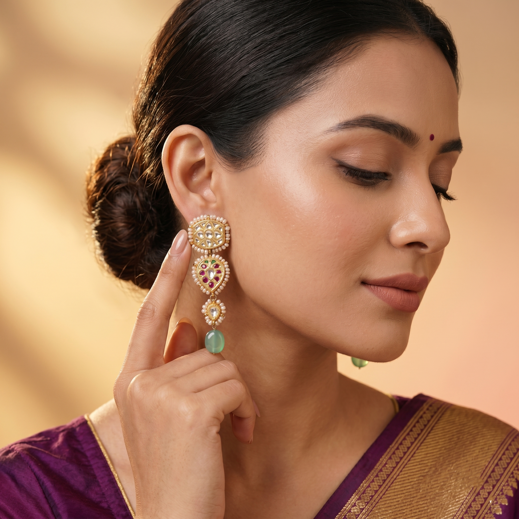Antique Gold Multi-Tier Kundan & Pearl Drop Earrings Ivanah Silver