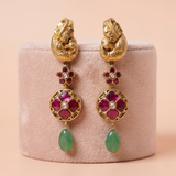 Antique Gold Peacock & Ruby Floral Drop Earrings Ivanah Silver