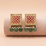 92.5 Silver Square Kundan Earrings with Emerald Bead Drops Ivanah Silver