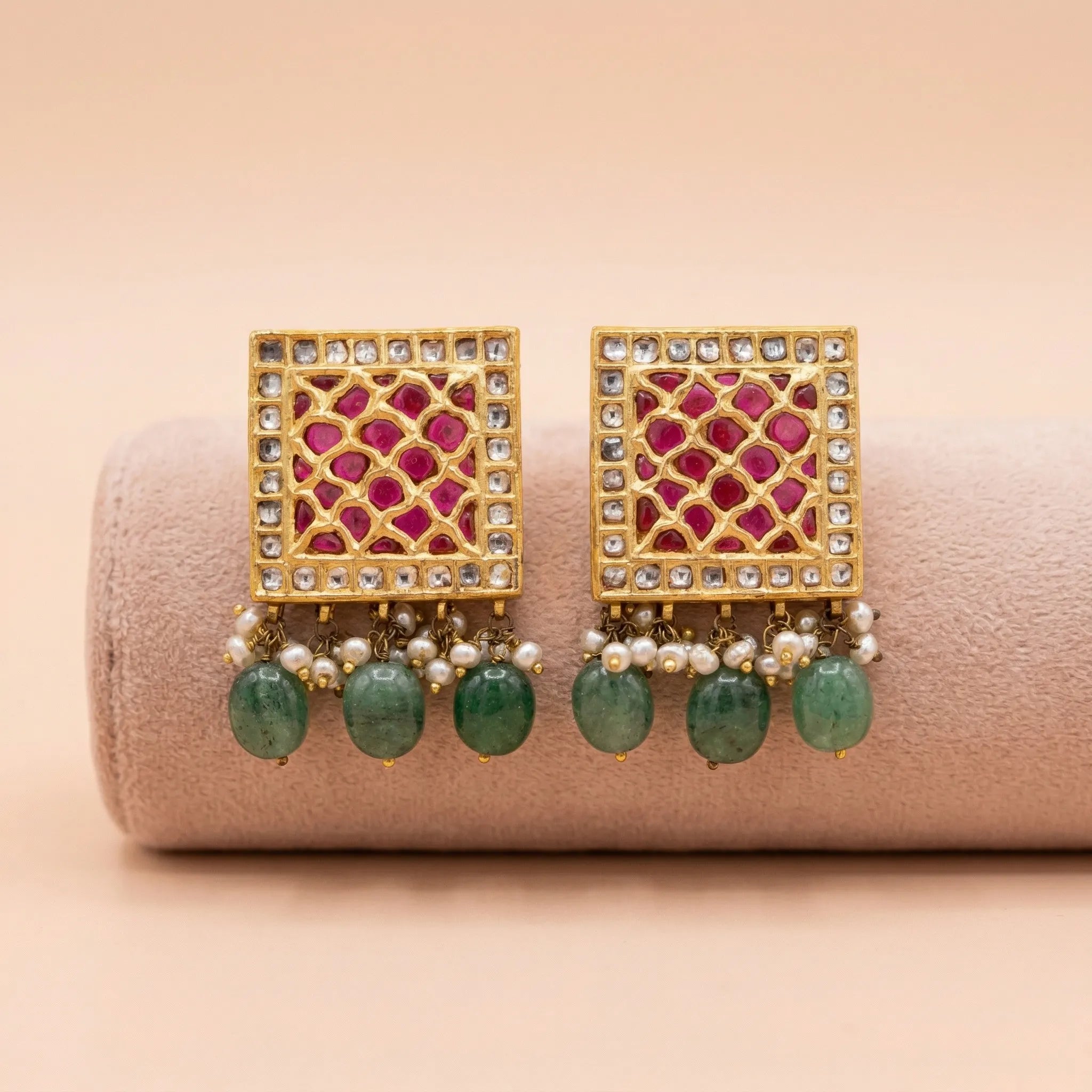 92.5 Silver Square Kundan Earrings with Emerald Bead Drops Ivanah Silver
