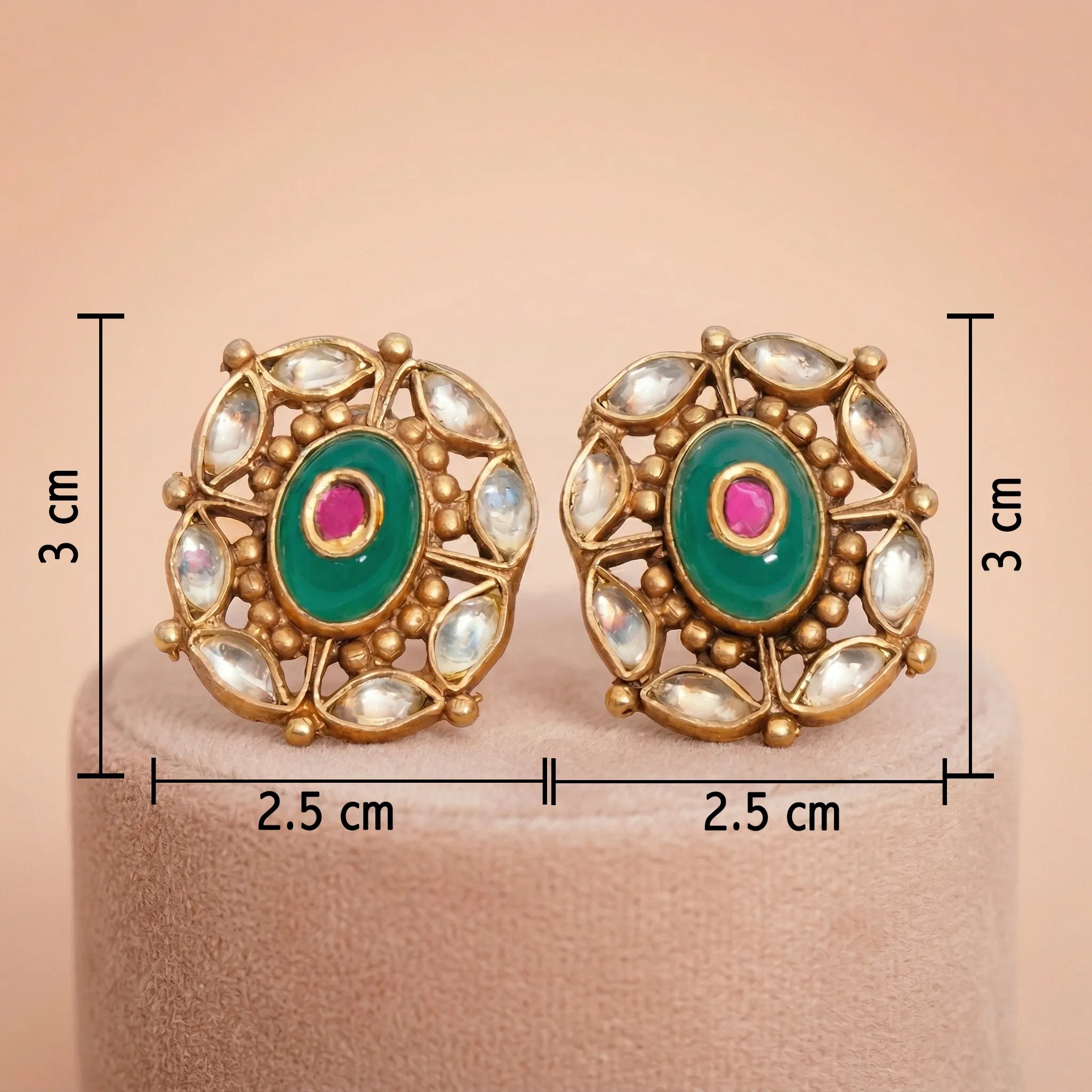 92.5 Silver Gold-Plated Antique Green & Pink Cluster Stud Ivanah Silver