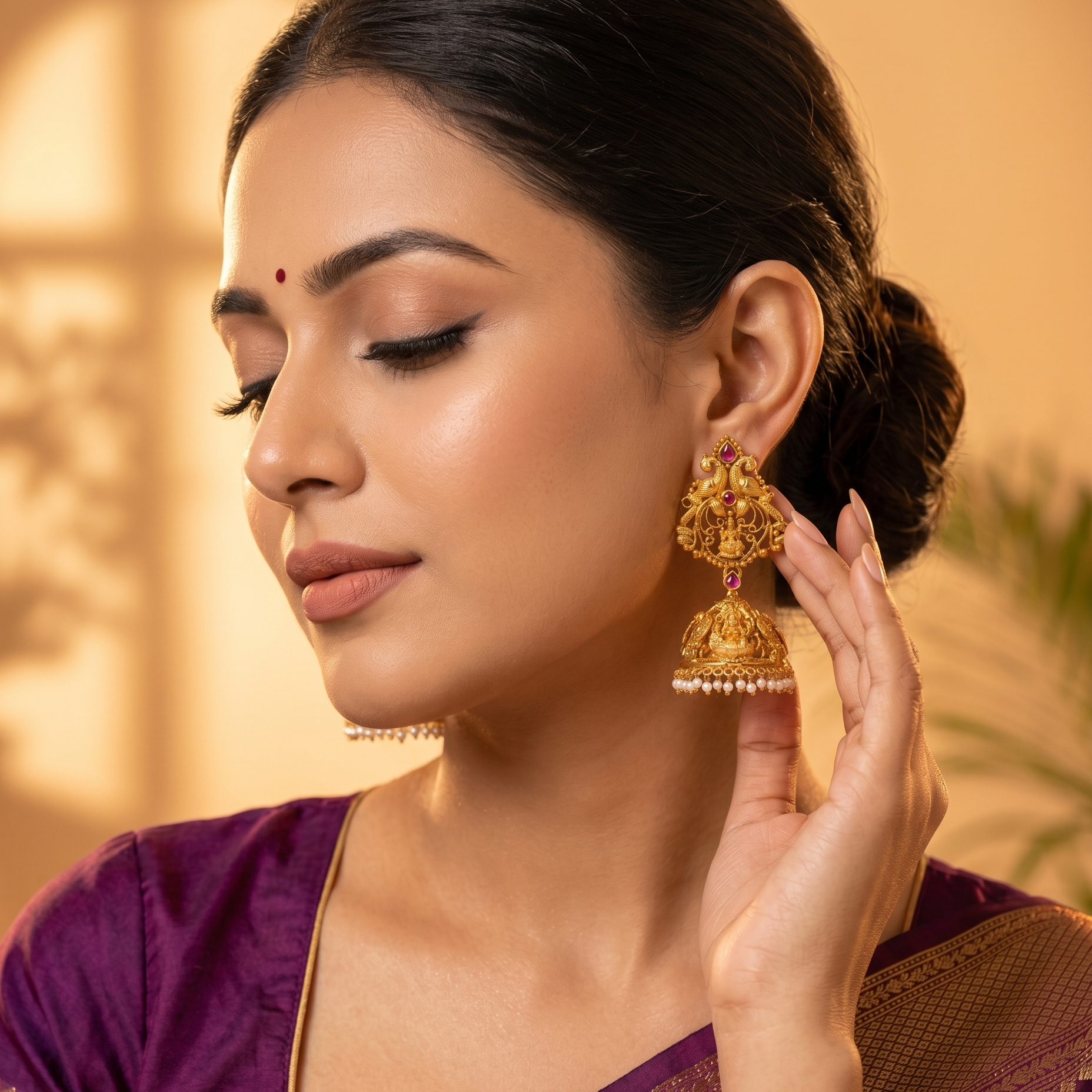 Antique Gold Lakshmi Peacock Temple Jhumkas with Ruby & Pearl Fringe Ivanah Silver