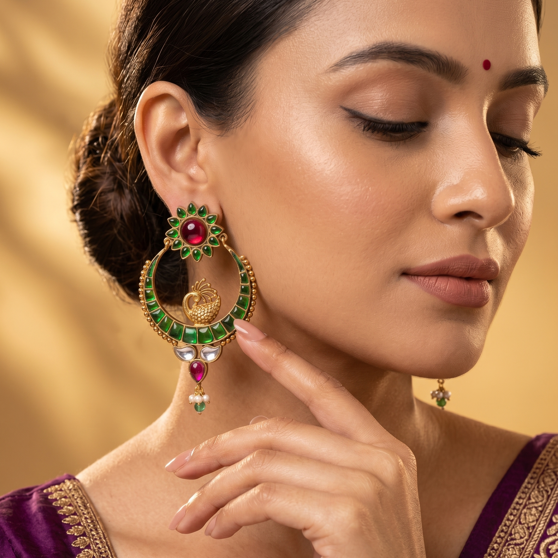 Antique Gold Peacock Crescent Chandbali Earrings with Emerald & Ruby Stones Ivanah Silver