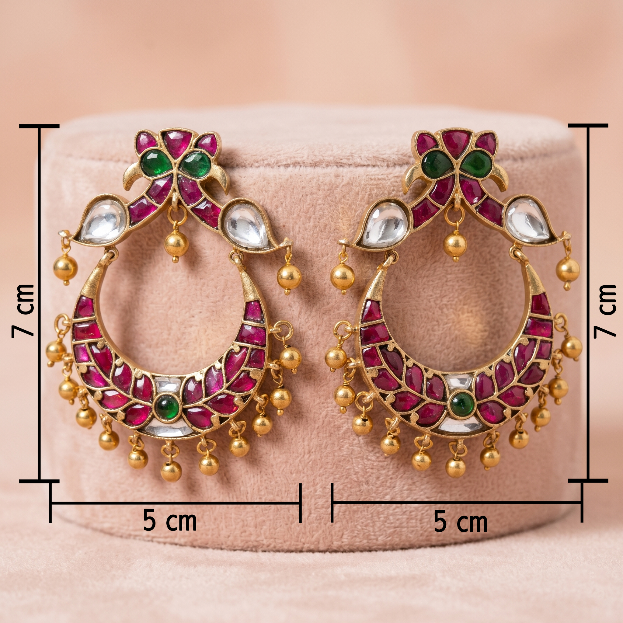 Antique Gold Ruby & Emerald Crescent Chandbali Earrings with Ghungroo Drops Ivanah Silver