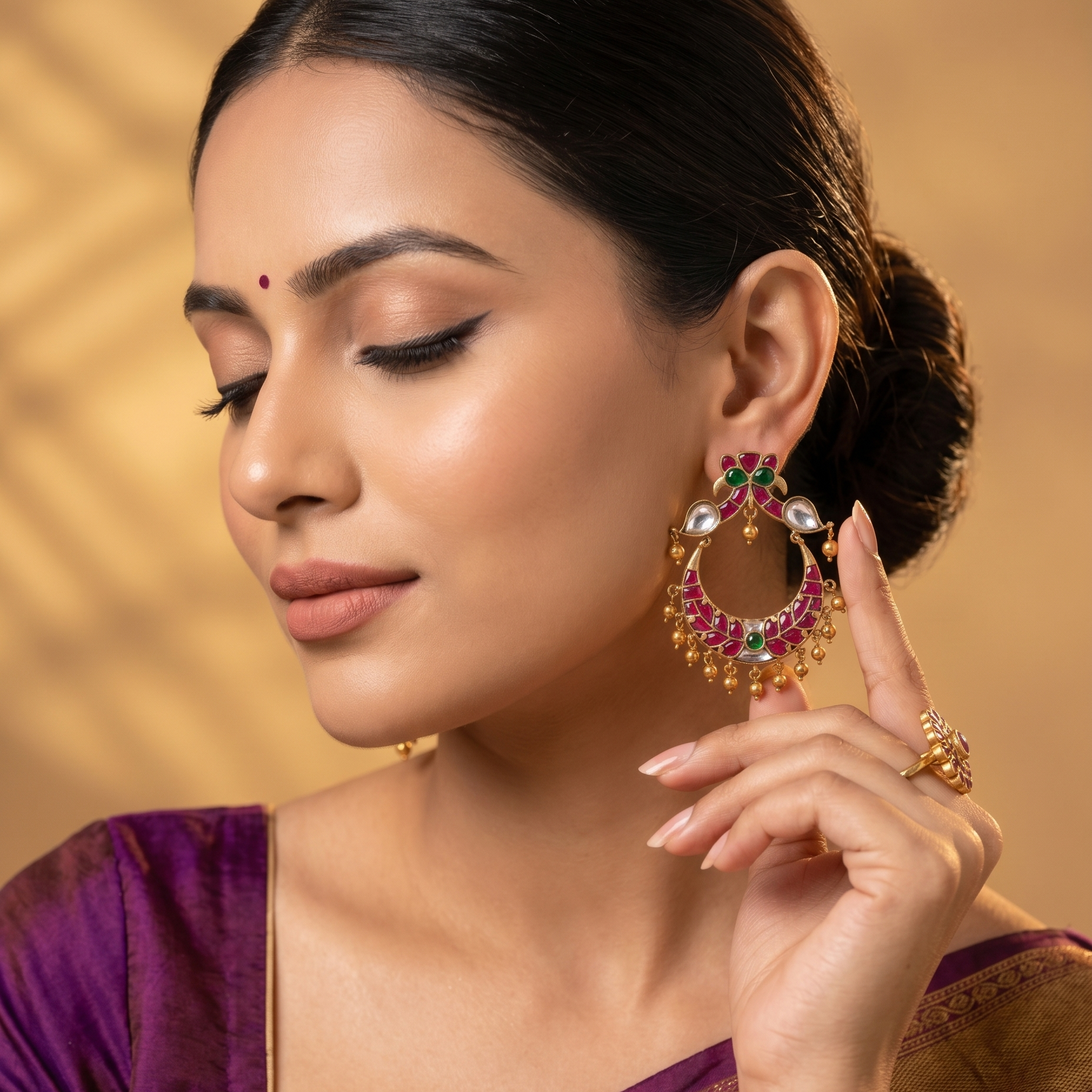 Antique Gold Ruby & Emerald Crescent Chandbali Earrings with Ghungroo Drops Ivanah Silver