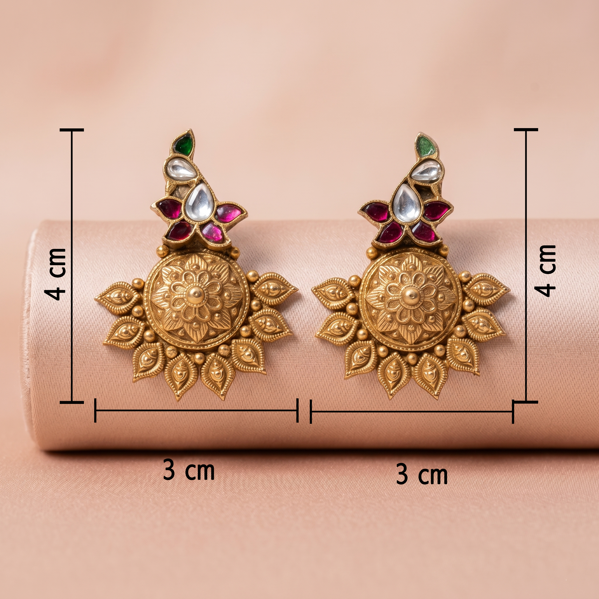 Antique Gold Floral Mandala Stud  with Ruby & Kundan Accents Ivanah Silver