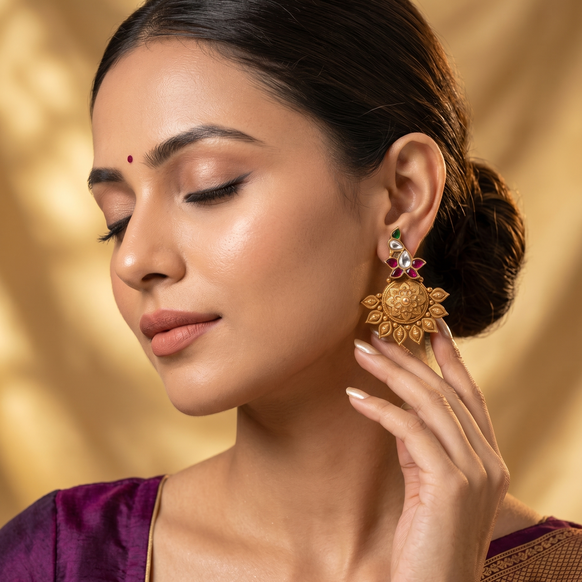 Antique Gold Floral Mandala Stud  with Ruby & Kundan Accents Ivanah Silver