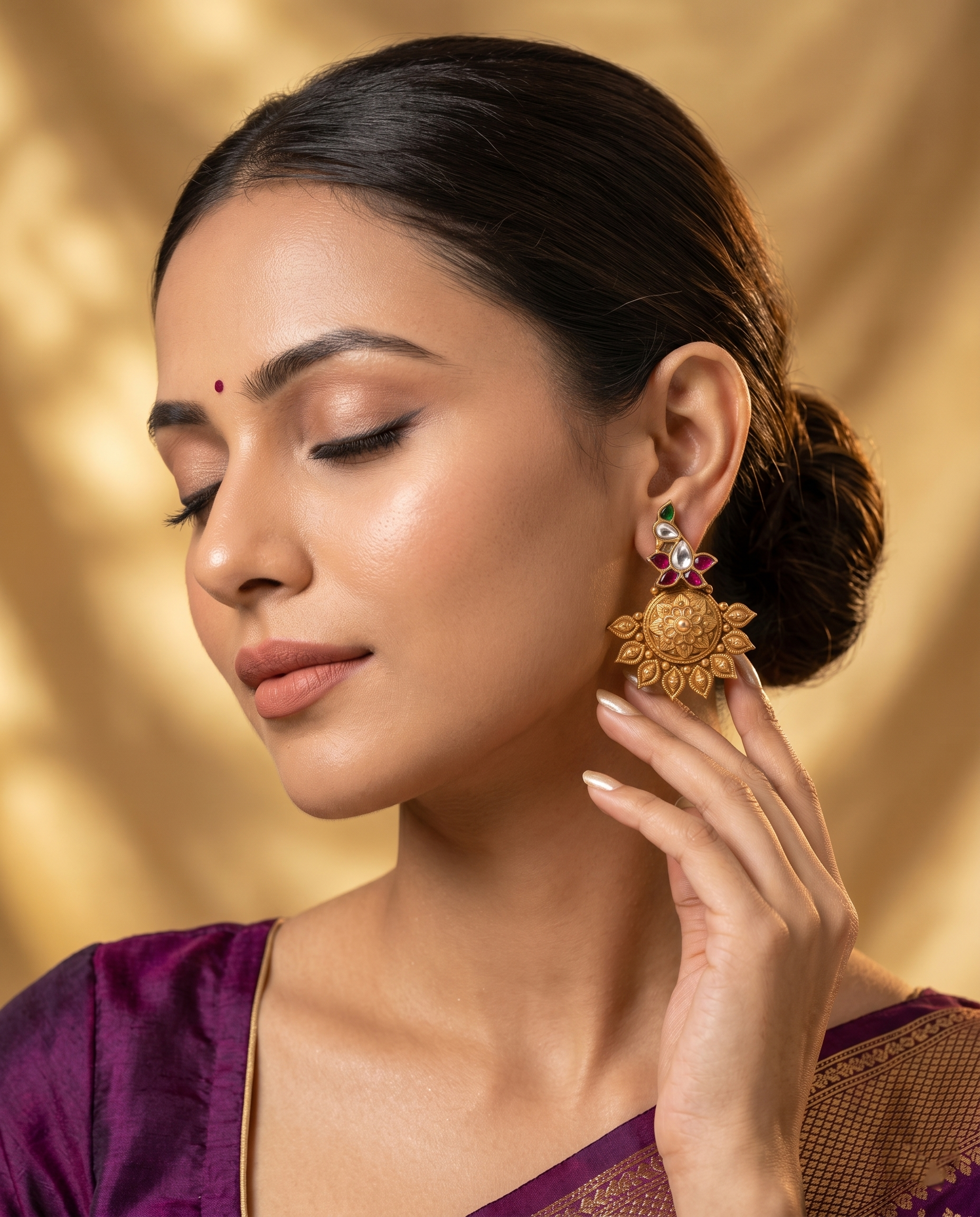 Antique Gold Floral Mandala Stud  with Ruby & Kundan Accents Ivanah Silver