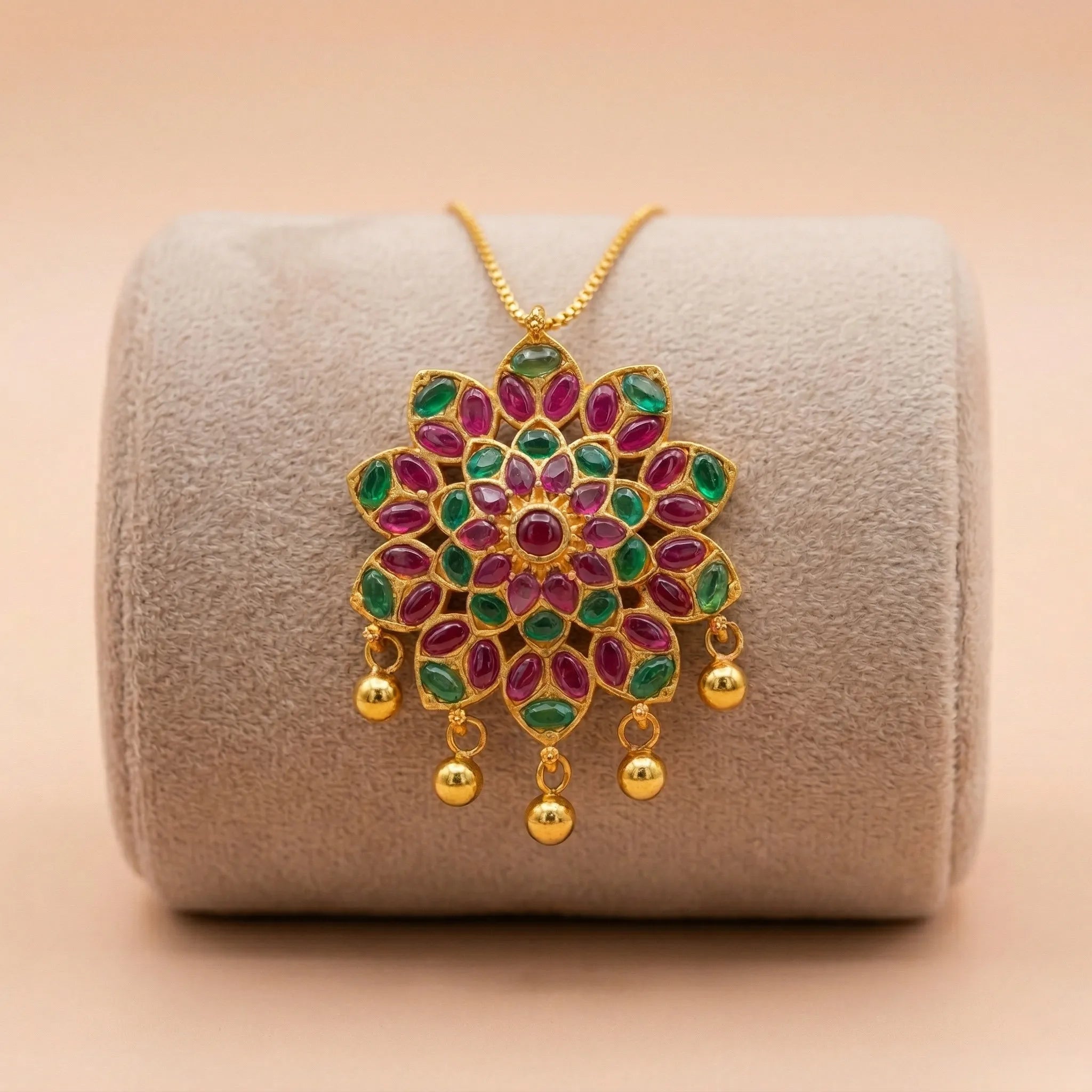 92.5 Gold Plated Silver Ruby & Emerald Floral Pendant Ivanah Silver