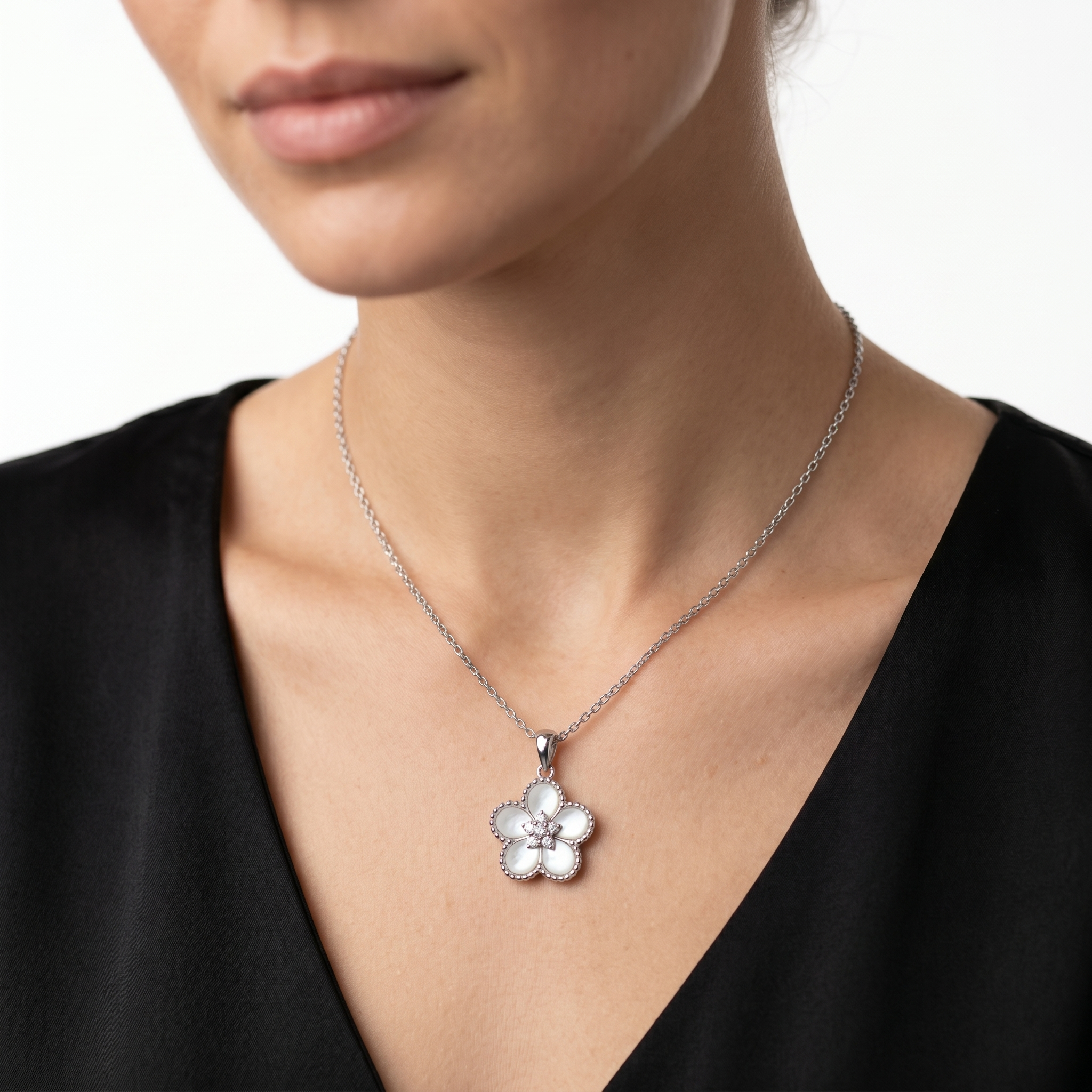 White Enamel and Cubic Zirconia Flower Pendant in Silver Finish Ivanah Silver