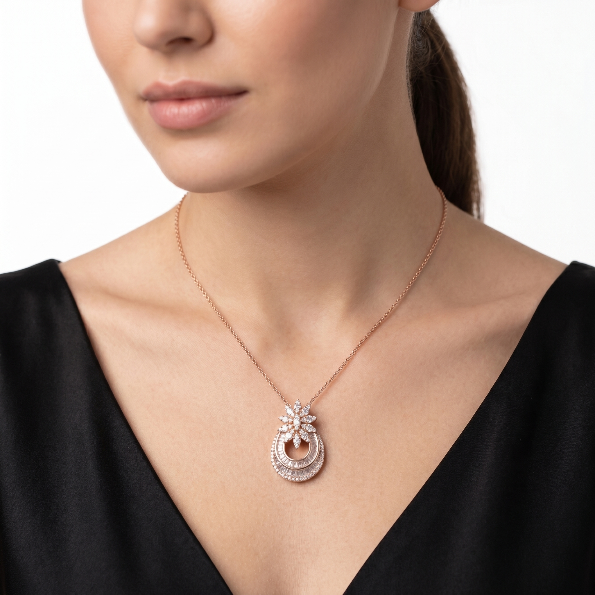 Rose Gold Crescent Floral Pendant with Baguette and Pavé Crystals Ivanah Silver