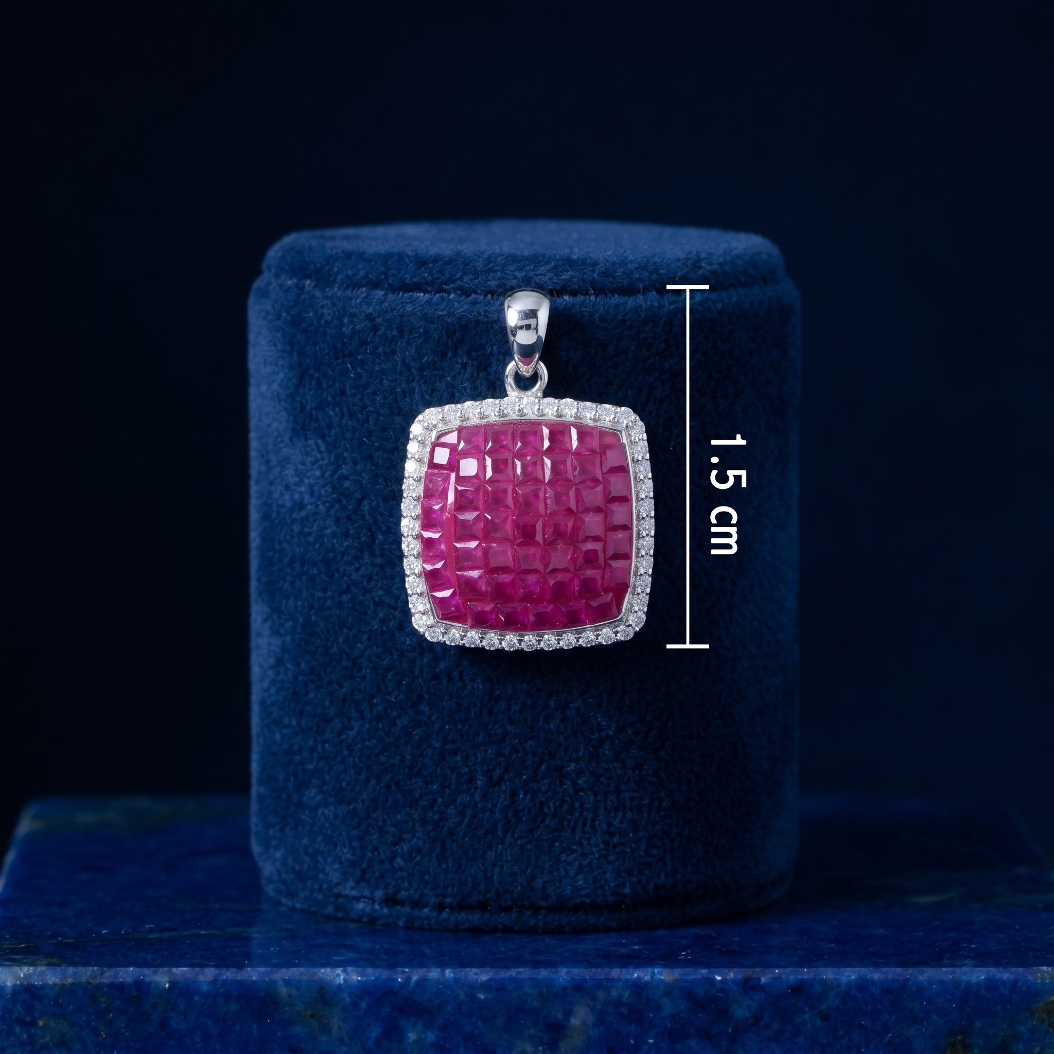Elegant Cushion Cut Ruby Red Mosaic Pendant with Cubic Zirconia Halo Ivanah Silver