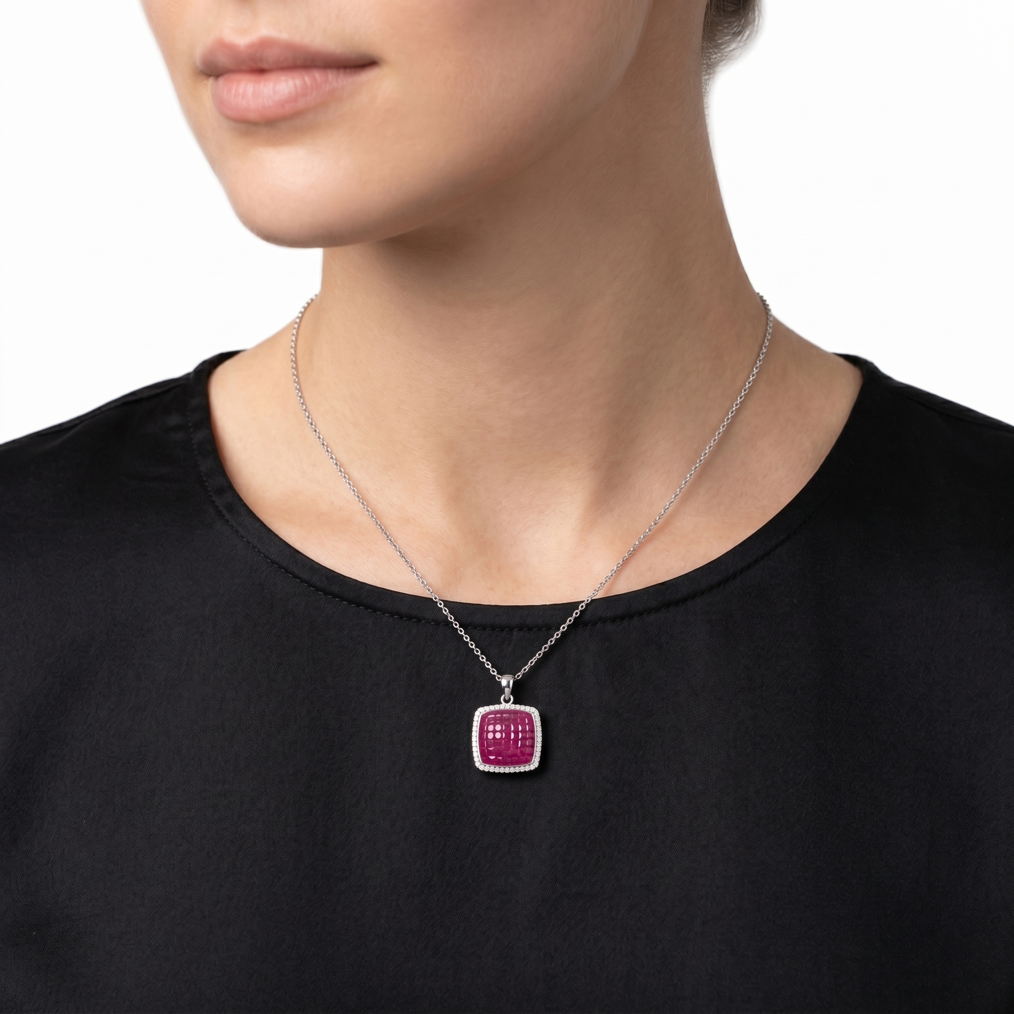 Elegant Cushion Cut Ruby Red Mosaic Pendant with Cubic Zirconia Halo Ivanah Silver