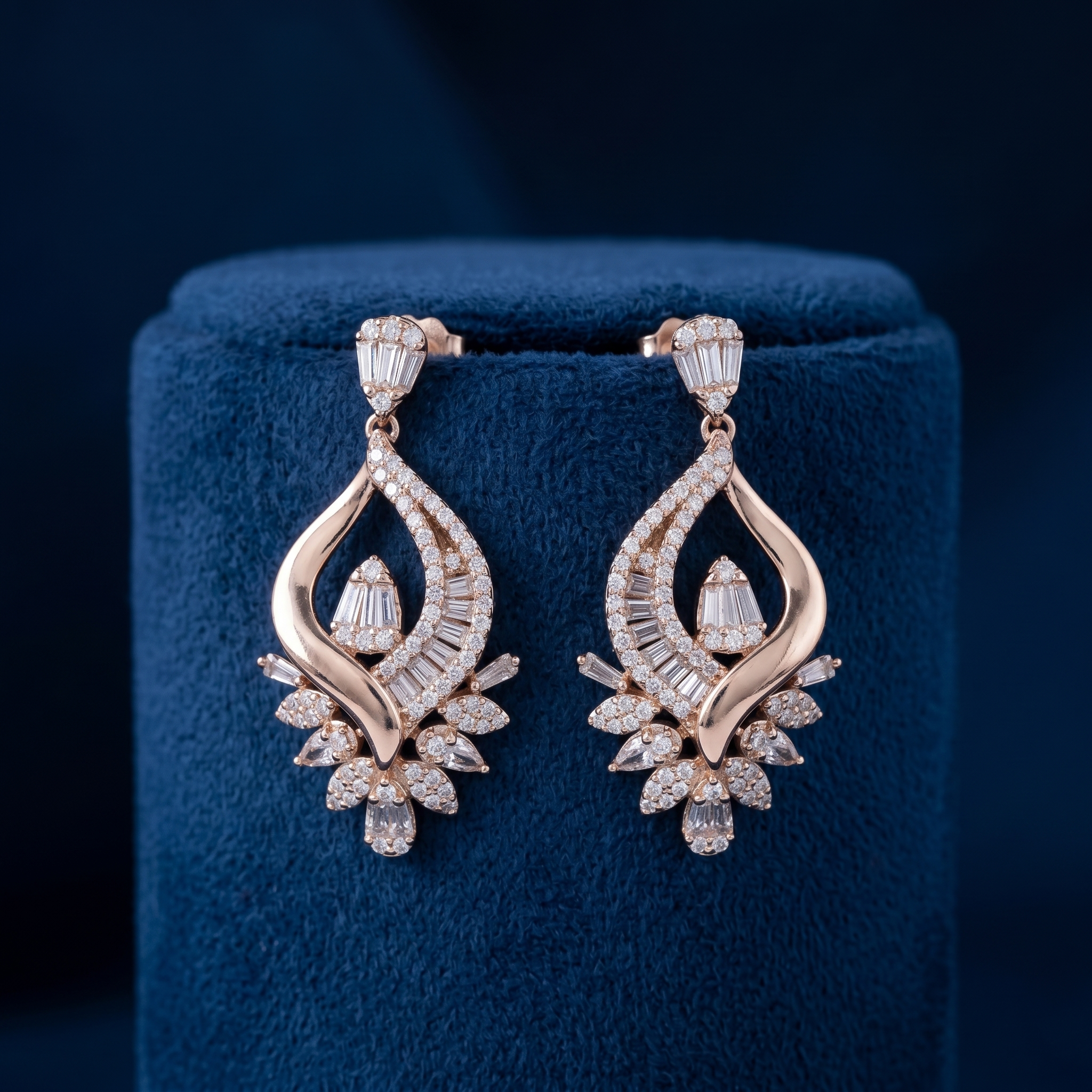 Elegant Rose Gold Swirl & Cluster Statement Drop Studs Ivanah Silver