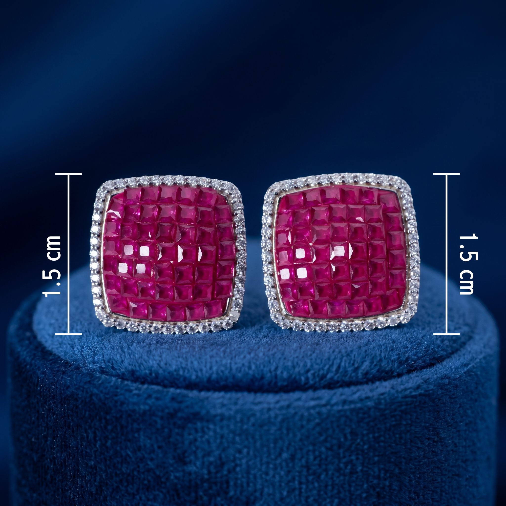 Elegant Cushion Cut Ruby Red Mosaic Stud  with Cubic Zirconia Halo Ivanah Silver