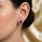 Elegant Cushion Cut Ruby Red Mosaic Stud  with Cubic Zirconia Halo Ivanah Silver