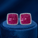 Elegant Cushion Cut Ruby Red Mosaic Stud  with Cubic Zirconia Halo Ivanah Silver