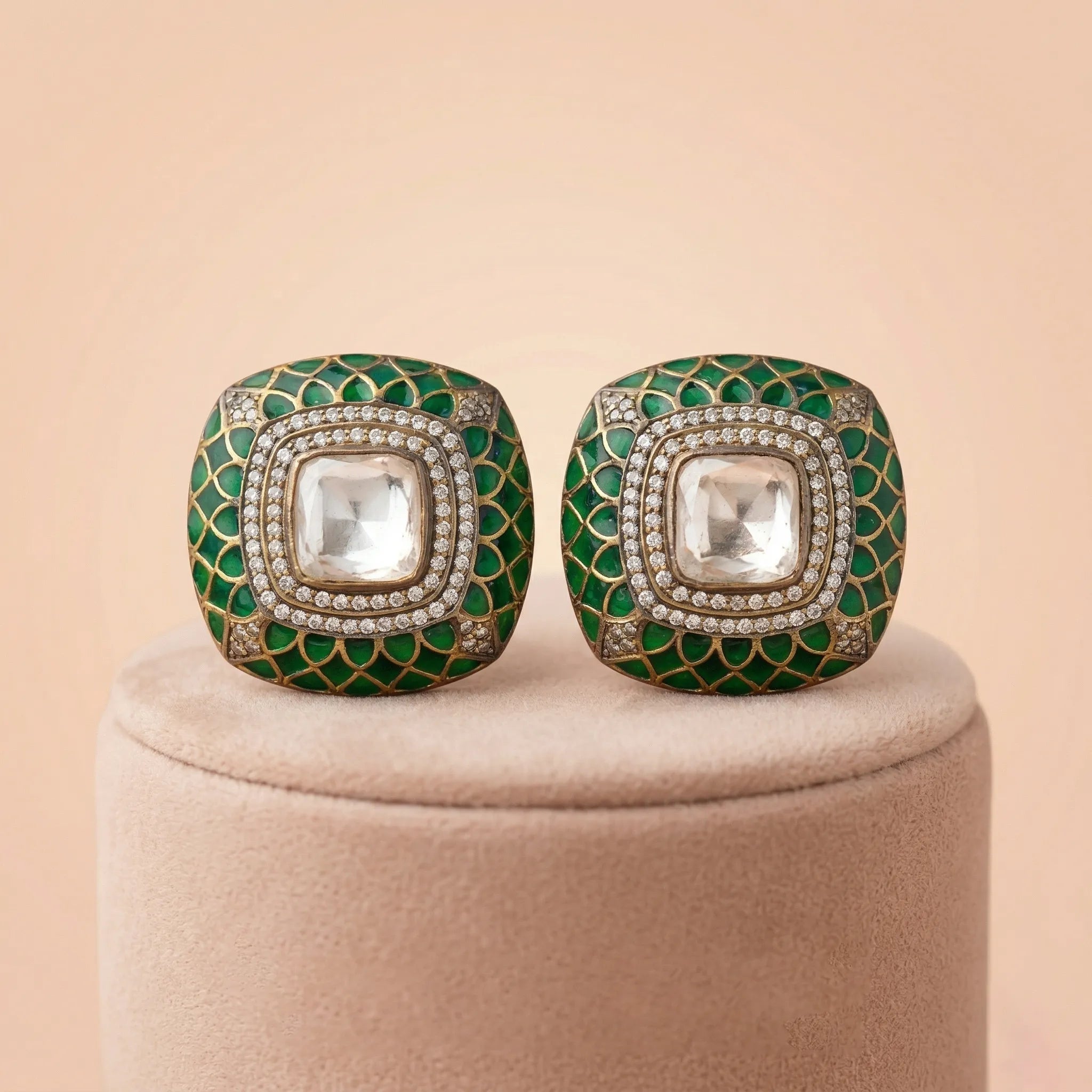 92.5 Silver Green Enamel Polki Stud Ivanah Silver