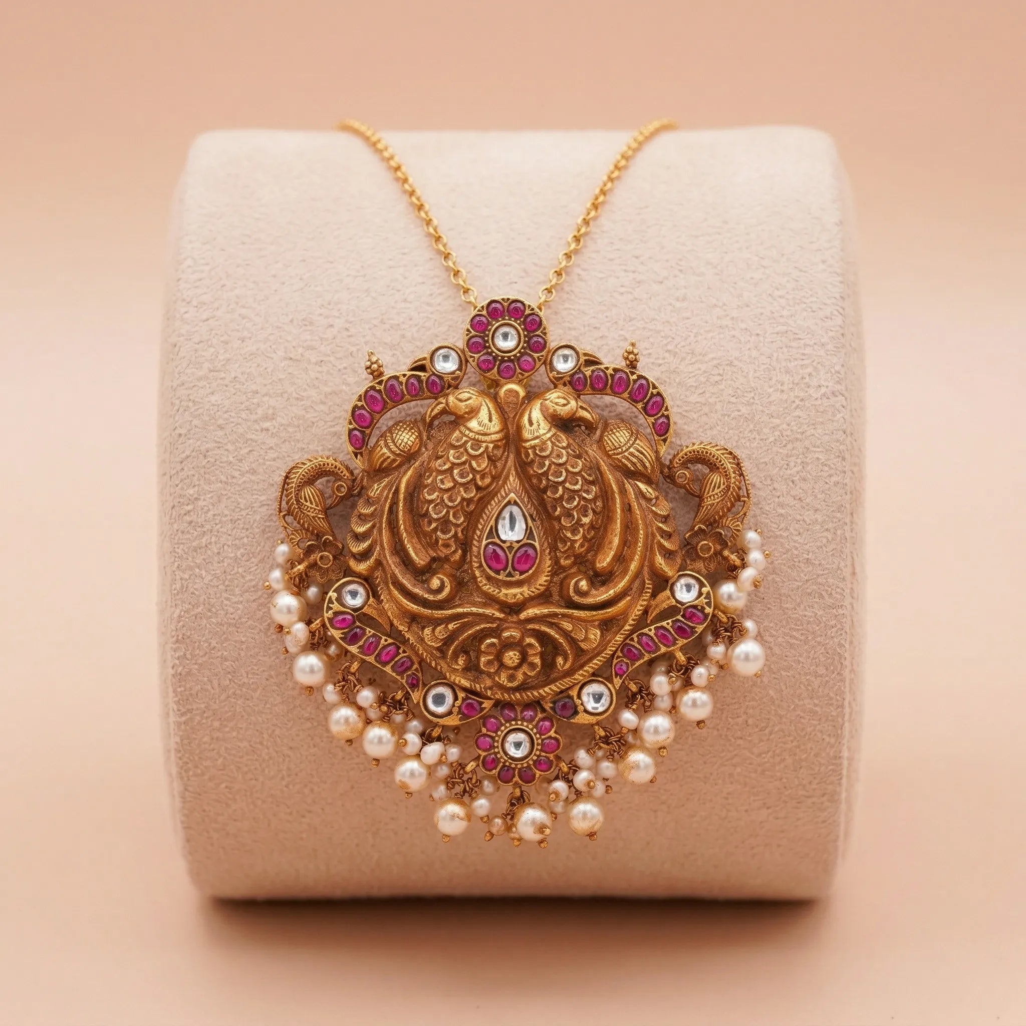 92.5 Silver Gold-Plated Twin Peacock Temple Pendant Ivanah Silver