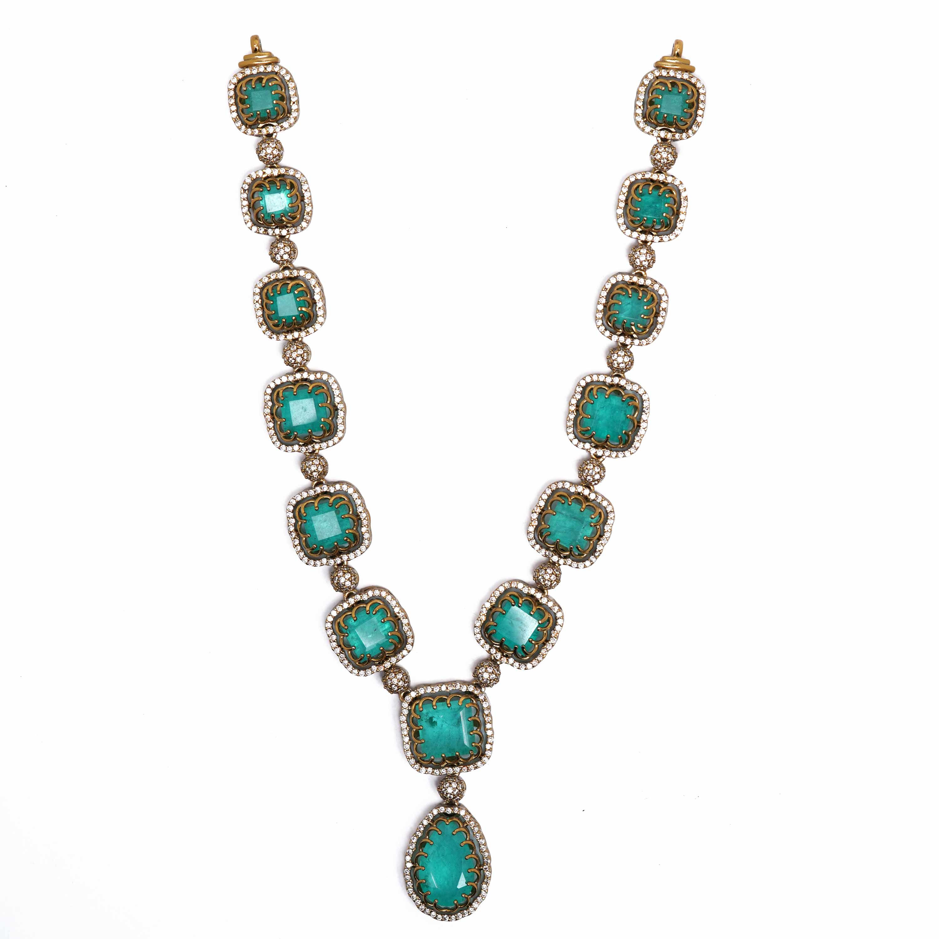 92.5 Silver Gold Plated Necklace with Geometric Green Stones Ivanah Silver