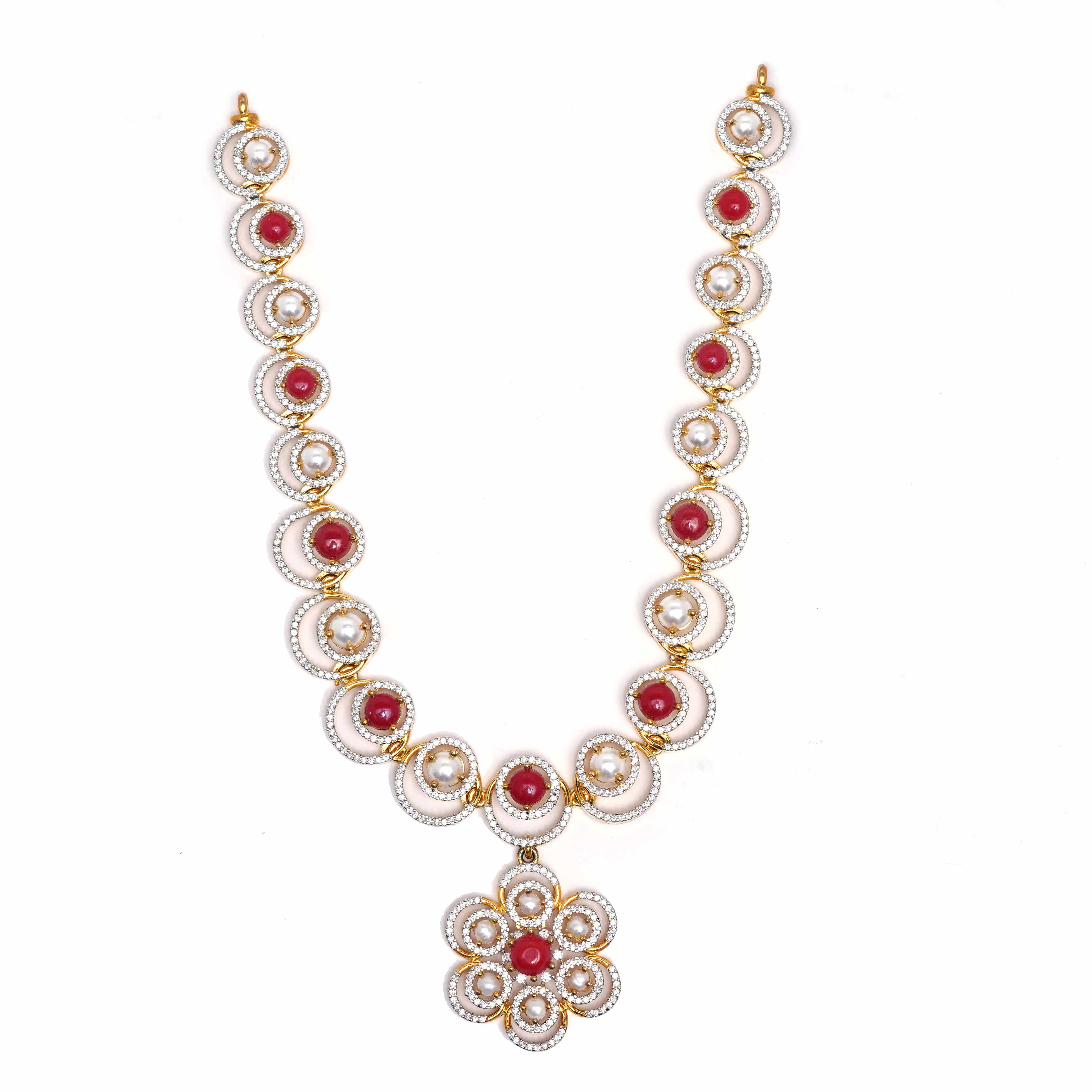 92.5 Sterling Silver Gold Plated Ruby Red Cabochon, Pearl & CZ Stones Necklace Ivanah Silver
