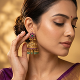 Antique Gold Lotus Temple Jhumkas with Ruby, Emerald & Green Bead Drops Ivanah Silver