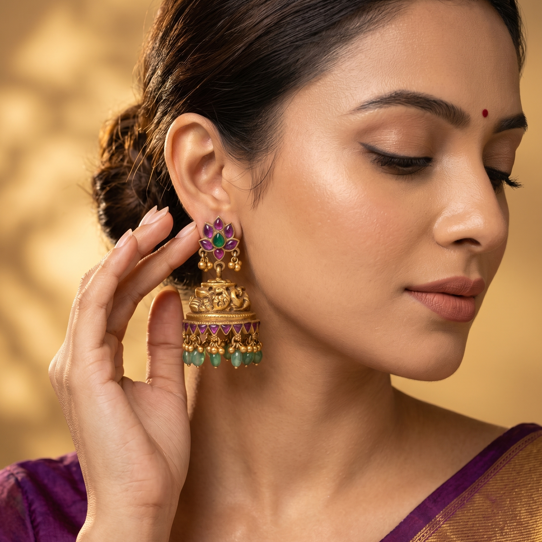 Antique Gold Lotus Temple Jhumkas with Ruby, Emerald & Green Bead Drops Ivanah Silver