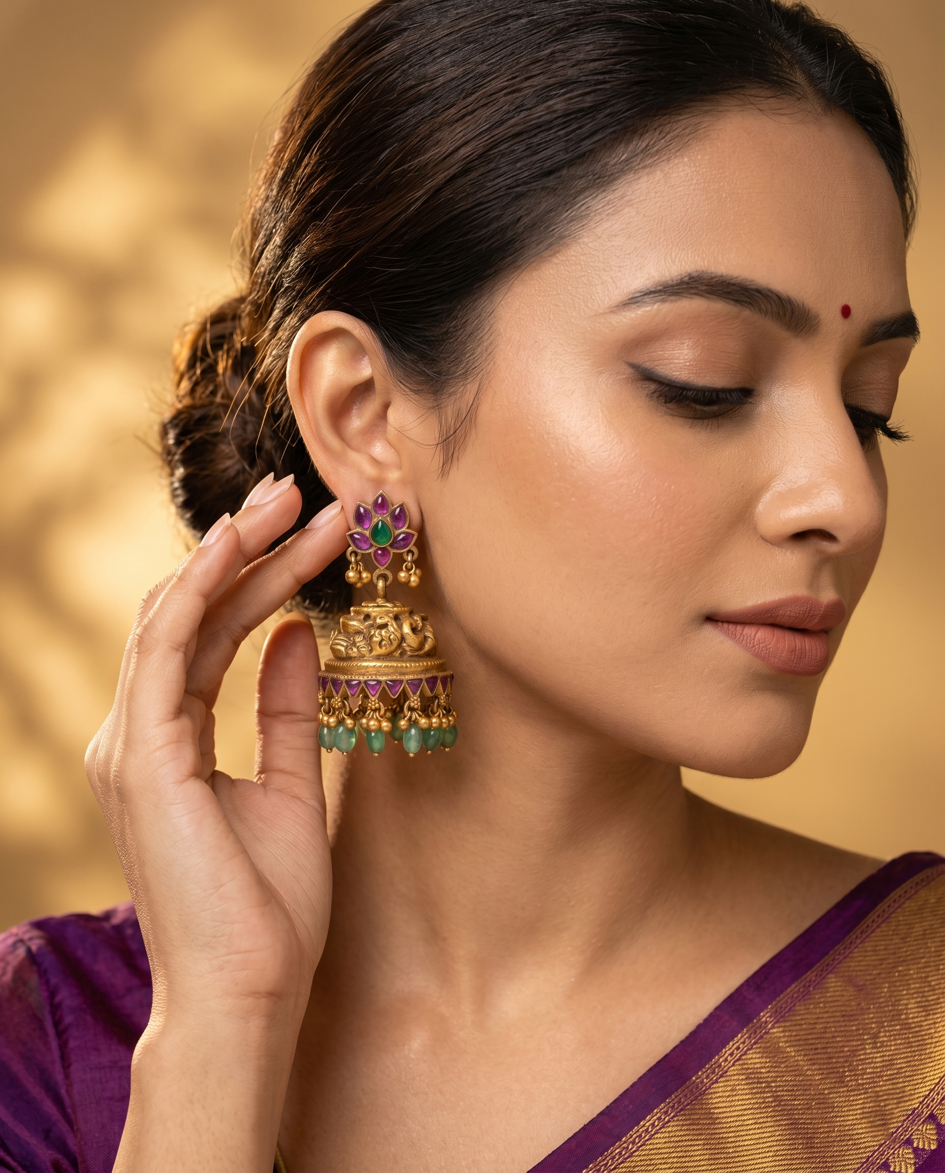 Antique Gold Lotus Temple Jhumkas with Ruby, Emerald & Green Bead Drops Ivanah Silver